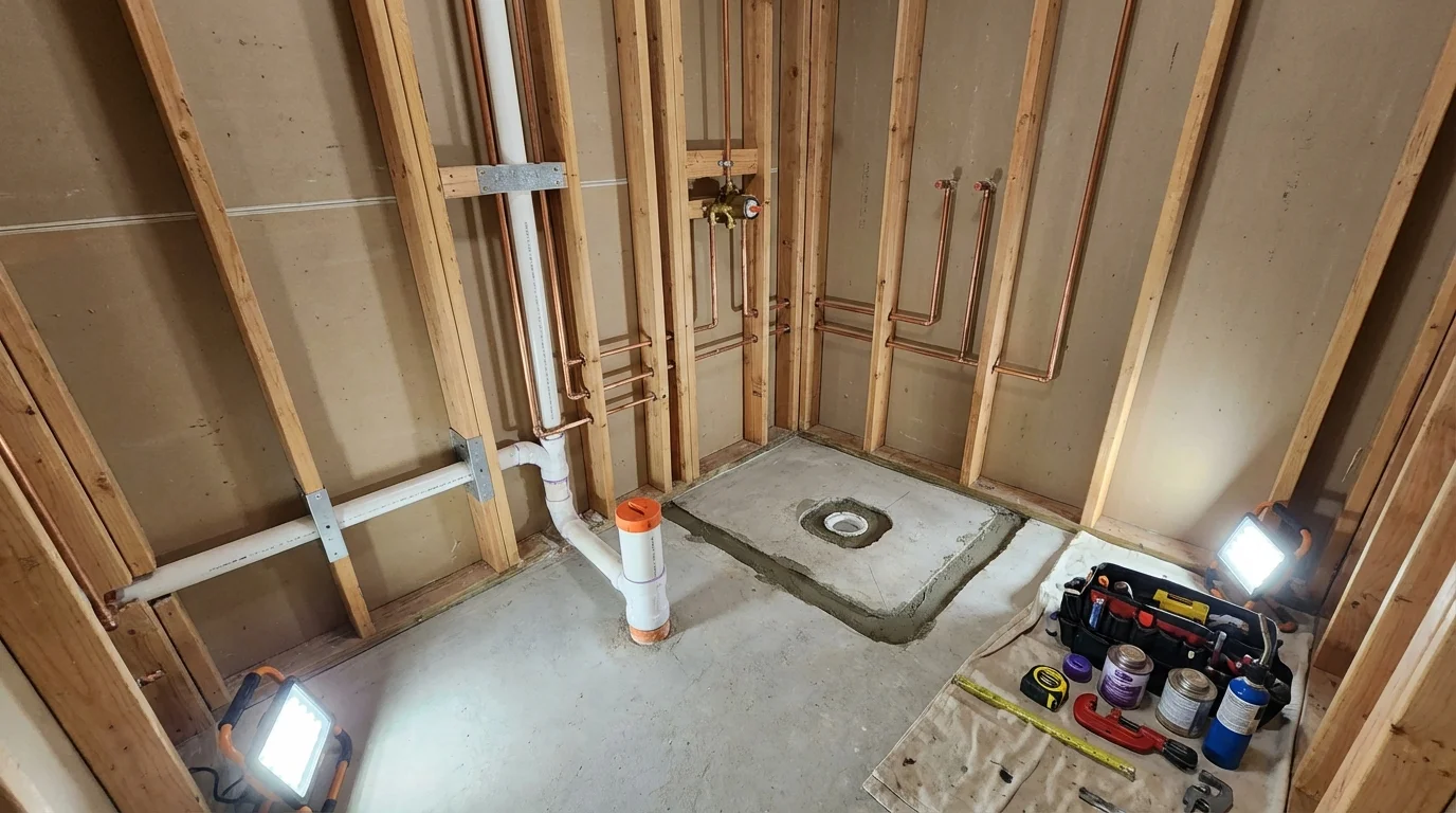 Bathroom rough-in plumbing during remodel by Johns Plumbing LLC in Mount Holly